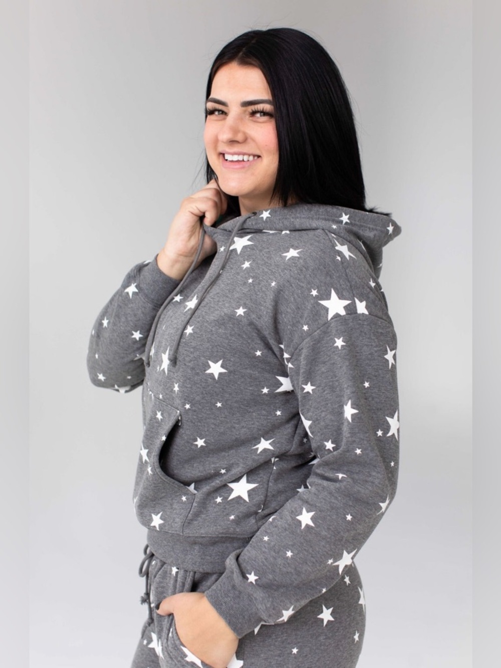 Savvi Shine Hoodie Star Print Gray Pullover | Plush Lined | Size L | EUC - Picture 4 of 13